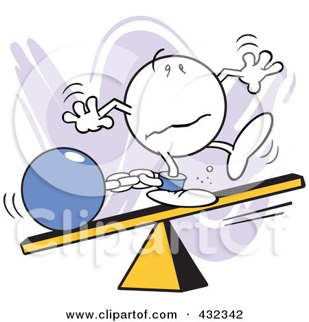 Royalty-Free (RF) Clipart Illustration of a Moodie Character Out Of Balance With A Ball And Chain On A Board by Johnny Sajem