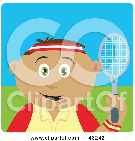 Clipart Illustration of a Sporty Latin American Boy Playing Tennis by Dennis Holmes Designs