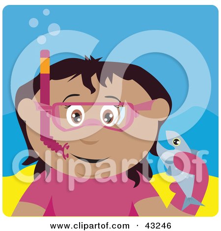 Clipart Illustration of a Hispanic Girl Snorkeling And Holding A Fish by Dennis Holmes Designs
