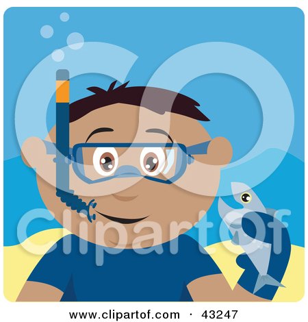 Clipart Illustration of a Hispanic Boy Snorkeling And Holding A Fish by Dennis Holmes Designs