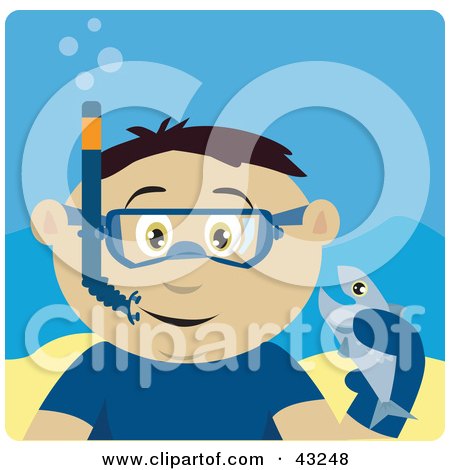 Clipart Illustration of a Mexican Boy Snorkeling And Holding A Fish by Dennis Holmes Designs