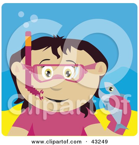 Clipart Illustration of a Mexican Girl Snorkeling And Holding A Fish by Dennis Holmes Designs