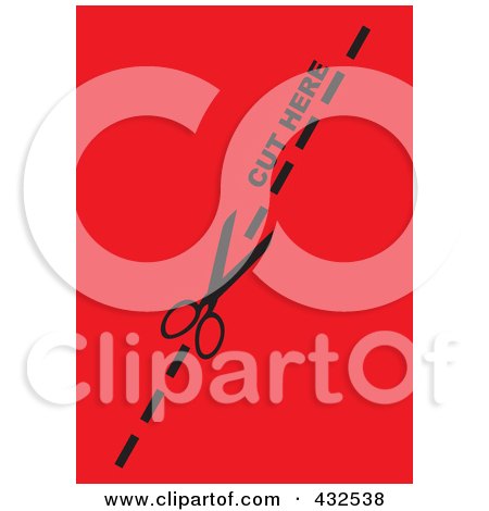 Royalty-Free (RF) Clipart Illustration of a Pair Of Scissors Cutting On The Dotted Line Over Red by michaeltravers