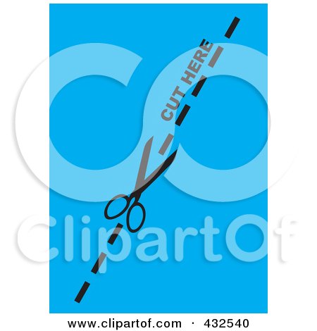 Royalty-Free (RF) Clipart Illustration of a Pair Of Scissors Cutting On The Dotted Line Over Blue by michaeltravers