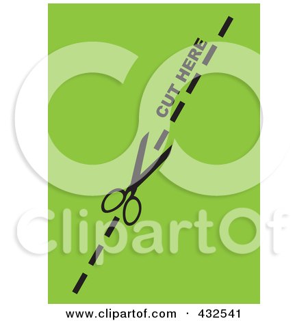 Royalty-Free (RF) Clip Art Illustration of a Pair Of Scissors Cutting On The Dotted Line Over Green by michaeltravers