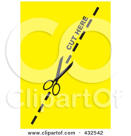 Royalty-Free (RF) Clipart Illustration of a Pair Of Scissors Cutting On The Dotted Line Over Yellow by michaeltravers