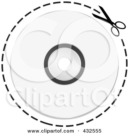 Royalty-Free (RF) Clipart Illustration of a Pair Of Scissors Cutting On A Dotted Line Around A Cd by michaeltravers