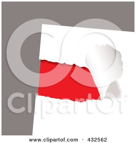 Royalty-Free (RF) Clipart Illustration of Red Showing Through Ripped White Paper On Gray by michaeltravers