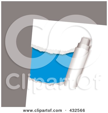 Royalty-Free (RF) Clipart Illustration of Blue Showing Through Ripped White Paper On Gray by michaeltravers