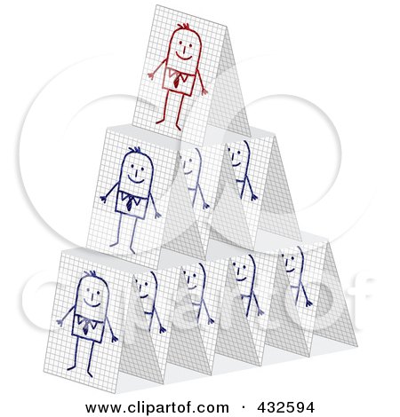 Royalty-Free (RF) Clipart Illustration of a Pyramid Of Stick Businessmen Cards Stacked by NL shop