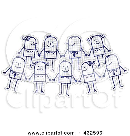 Royalty-Free (RF) Clipart Illustration of a Happy Team Of Stick Men And Women Holding Hands On Graph Paper by NL shop