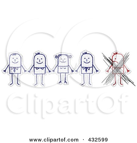 Royalty-Free (RF) Clipart Illustration of a Crossed Out Mad Stick Man By A Group Of Stick People Holding Hands On Graph Paper by NL shop