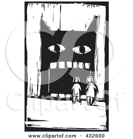 Royalty-Free (RF) Clipart Illustration of a Black And White Children By A Big Mouthed Monster Woodcut Panel by xunantunich