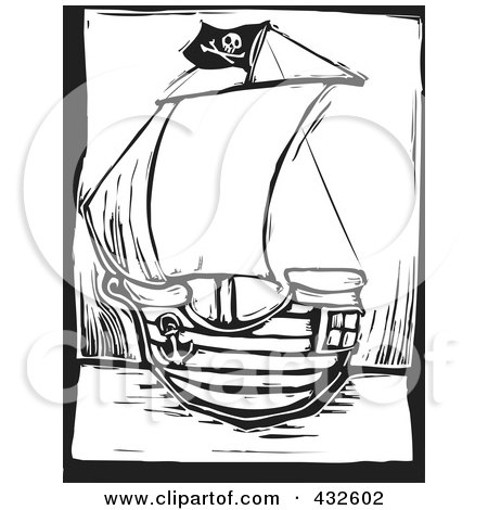 Royalty-Free (RF) Clipart Illustration of a Black And White Pirate Ship Woodcut Panel by xunantunich