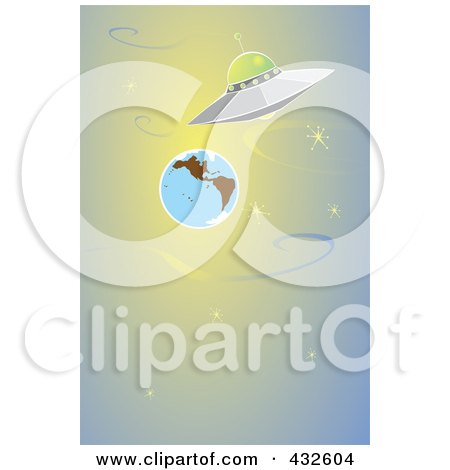 Royalty-Free (RF) Clipart Illustration of a Ufo Flying Past Earth In Outer Space by xunantunich