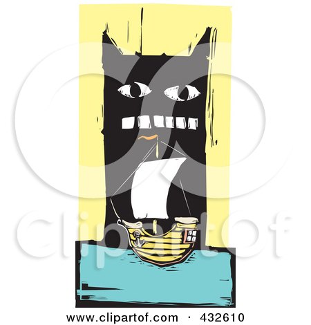 Royalty-Free (RF) Clipart Illustration of a Pirate Ship Near A Big Monster by xunantunich