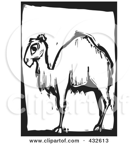 Royalty-Free (RF) Clipart Illustration of a Black And White Camel Woodcut Panel - 1 by xunantunich