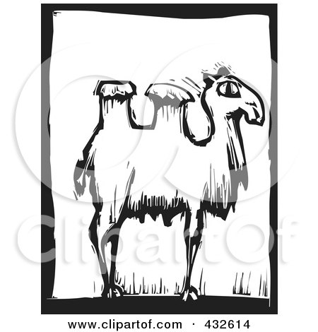 Royalty-Free (RF) Clipart Illustration of a Black And White Camel Woodcut Panel - 2 by xunantunich