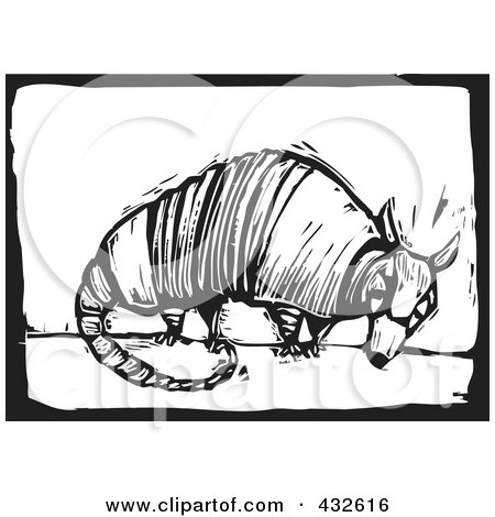 Royalty-Free (RF) Clipart Illustration of a Black And White Armadillo Woodcut Panel by xunantunich