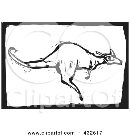 Royalty-Free (RF) Clipart Illustration of a Black And White Kangaroo Woodcut Panel by xunantunich