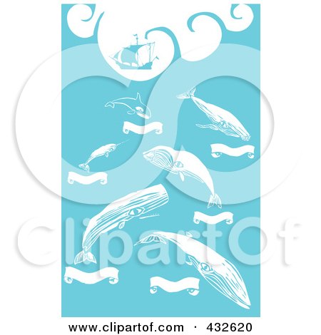 Royalty-Free (RF) Clipart Illustration of a Pirate Ship And Whales With Banners On Blue by xunantunich