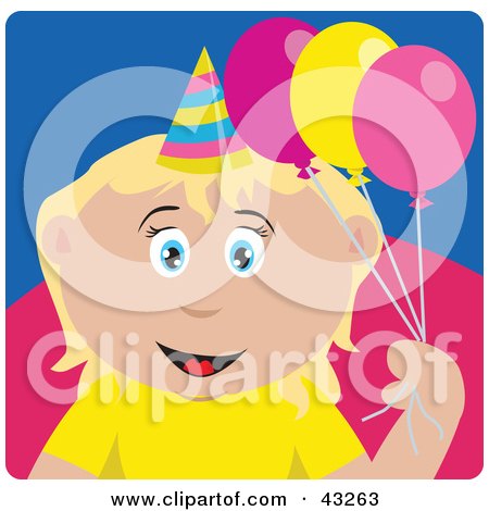 Clipart Illustration of a Caucasian Birthday Girl Holding Balloons by Dennis Holmes Designs
