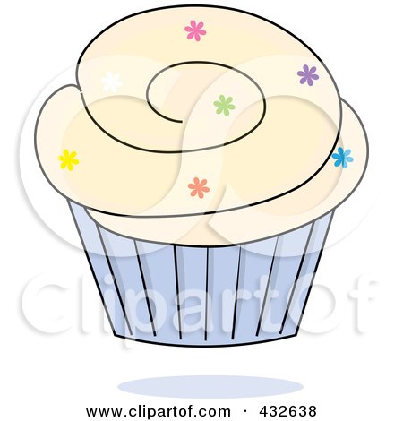 Royalty-Free (RF) Clipart Illustration of a Cupcake With Sprinkles And Vanilla Frosting In A Blue Wrapper by Pams Clipart