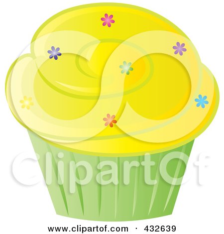 Royalty-Free (RF) Clipart Illustration of a Cupcake With Sprinkles And Yellow Frosting In A Green Wrapper by Pams Clipart