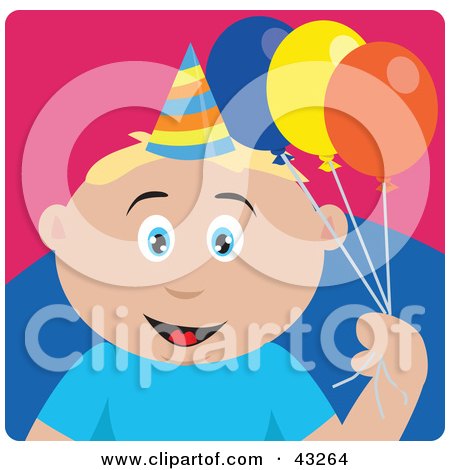 Clipart Illustration of a Caucasian Birthday Boy Holding Balloons by Dennis Holmes Designs