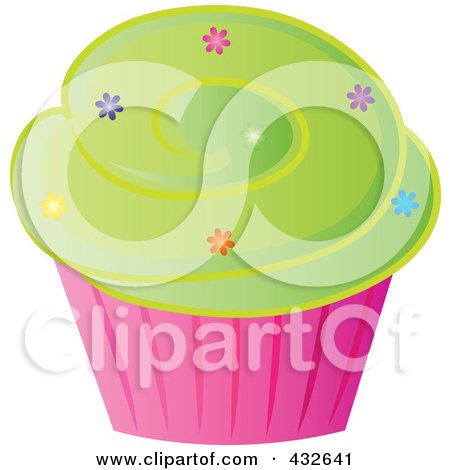 Royalty-Free (RF) Clipart Illustration of a Cupcake With Sprinkles And Green Frosting In A Pink Wrapper by Pams Clipart