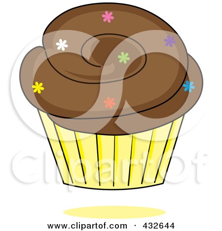 Royalty-Free (RF) Clipart Illustration of a Chocolate Cupcake With Sprinkles In A Yellow Wrapper by Pams Clipart