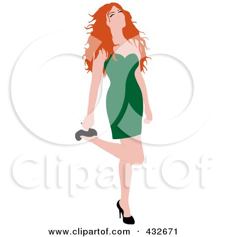 Royalty-Free (RF) Clipart Illustration of a Red Black Haired Woman In A Green Dress, Lifting Her Leg And Grabbing Her Heel by Pams Clipart