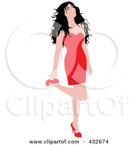 Royalty-Free (RF) Clipart Illustration of a Sexy Black Haired Woman In A Red Dress, Lifting Her Leg And Grabbing Her Heel by Pams Clipart