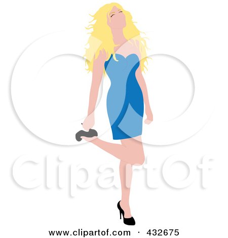 Royalty-Free (RF) Clipart Illustration of a Sexy Blond Woman In A Blue Dress, Lifting Her Leg And Grabbing Her Heel by Pams Clipart