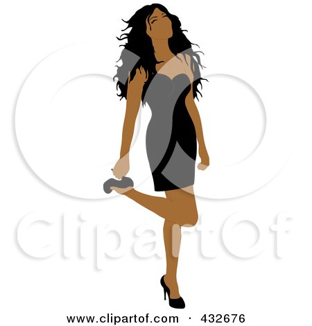 Royalty-Free (RF) Clipart Illustration of a Sexy Black Woman In A Black Dress, Lifting Her Leg And Grabbing Her Heel by Pams Clipart