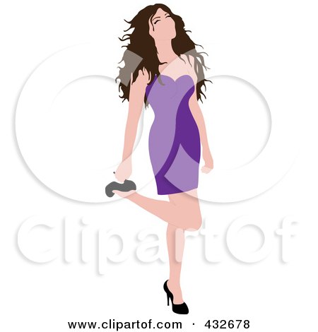 Royalty-Free (RF) Clipart Illustration of a Sexy Black Haired Woman In A Purple Dress, Lifting Her Leg And Grabbing Her Heel by Pams Clipart