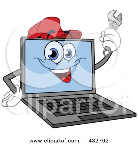 Royalty-Free (RF) Clipart Illustration of a Laptop Character Wearing A Red Hat And Holding A Wrench by yayayoyo