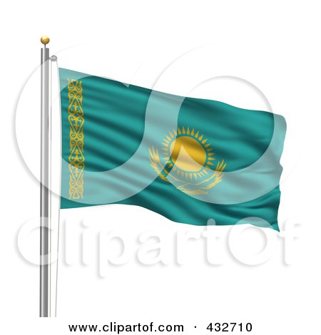 Royalty-Free (RF) Clipart Illustration of a 3d Flag Of Kazakhstan Waving On A Pole by stockillustrations
