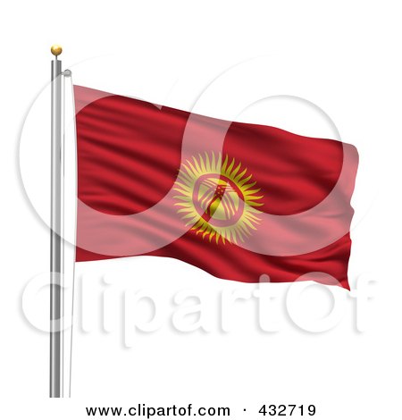 Royalty-Free (RF) Clipart Illustration of The Flag Of Kyrgyzstan Waving On A Pole by stockillustrations