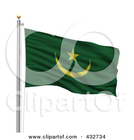 Royalty-Free (RF) Clipart Illustration of a 3d Flag Of Mauritania Waving On A Pole by stockillustrations
