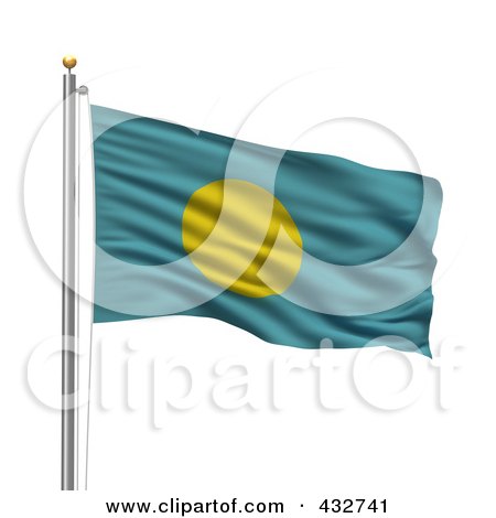 Royalty-Free (RF) Clipart Illustration of a 3d Flag Of Palau Waving On A Pole by stockillustrations