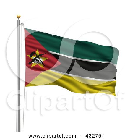 Royalty-Free (RF) Clipart Illustration of a 3d Flag Of Mozambique Waving On A Pole by stockillustrations