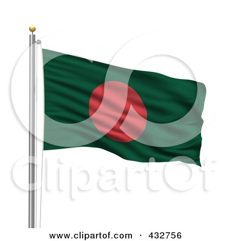 Royalty-Free (RF) Clipart Illustration of The Flag Of Bangladesh Waving On A Pole by stockillustrations