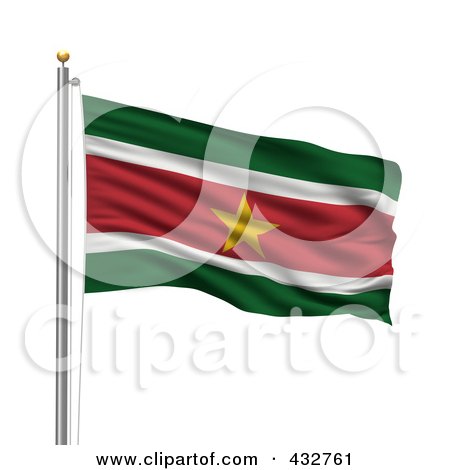 Royalty-Free (RF) Clipart Illustration of The Flag Of Suriname Waving On A Pole by stockillustrations
