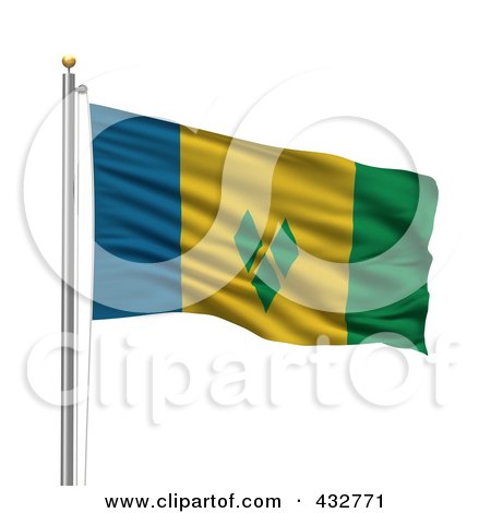 Royalty-Free (RF) Clipart Illustration of The Flag Of Saint Vincent Grenadines Waving On A Pole by stockillustrations
