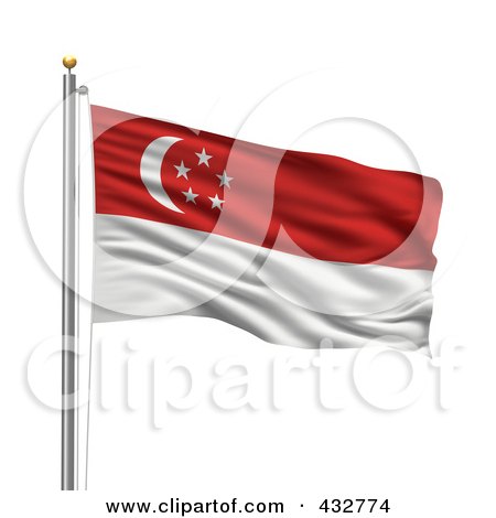 Royalty-Free (RF) Clipart Illustration of The Flag Of Singapore Waving On A Pole by stockillustrations