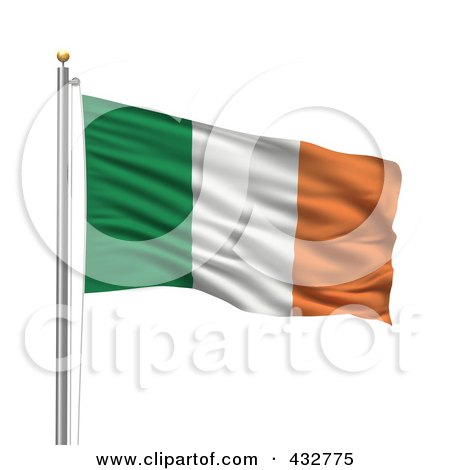Royalty-Free (RF) Clipart Illustration of a 3d Flag Of Ireland Waving On A Pole by stockillustrations