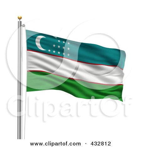 Royalty-Free (RF) Clipart Illustration of The Flag Of Uzbekistan Waving On A Pole by stockillustrations