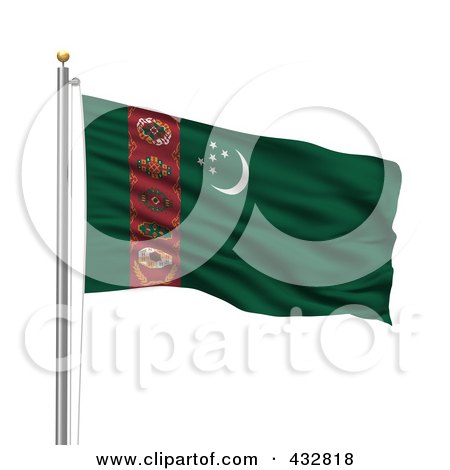 Royalty-Free (RF) Clipart Illustration of The Flag Of Turkmenistan Waving On A Pole by stockillustrations