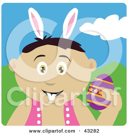 Clipart Illustration of a Mexican Boy Wearing Bunny Ears And Holding An Easter Egg by Dennis Holmes Designs